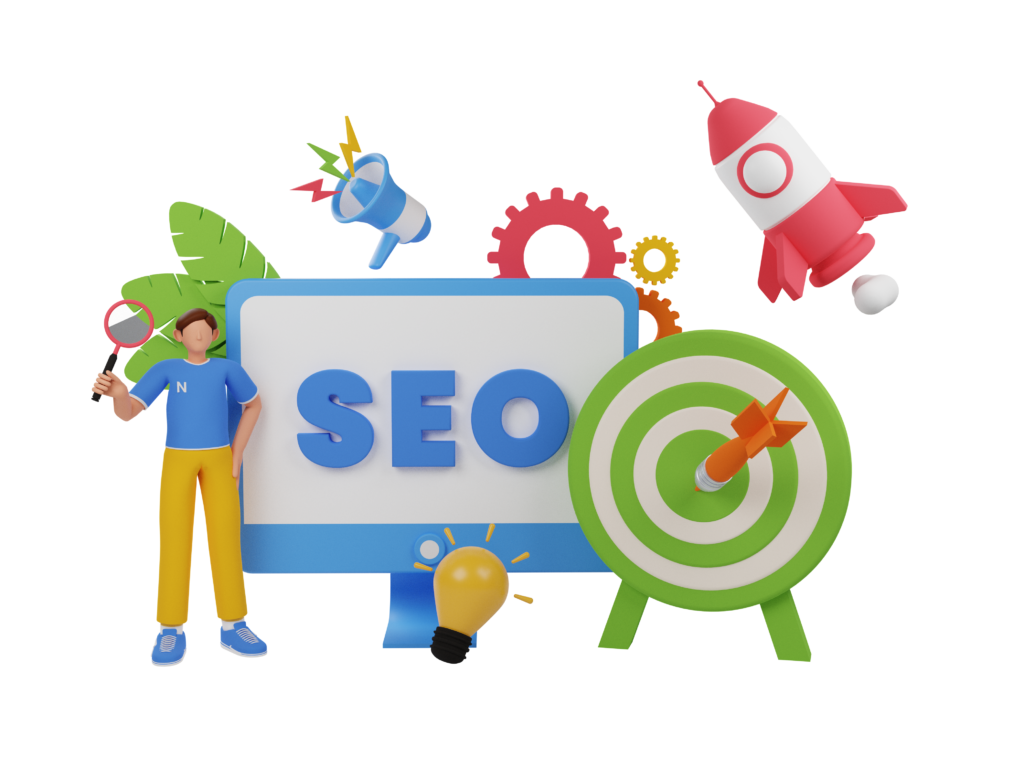 The image conveys the concept of Search Engine Optimization (SEO), which involves optimizing a website's content and structure to rank higher in search engine results pages for relevant keywords and phrases.